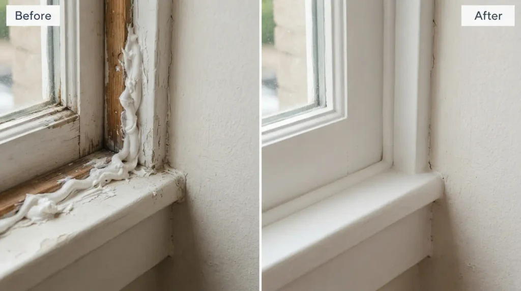 Comparison of a lumpy caulk bead and the same joint after a clean redo
