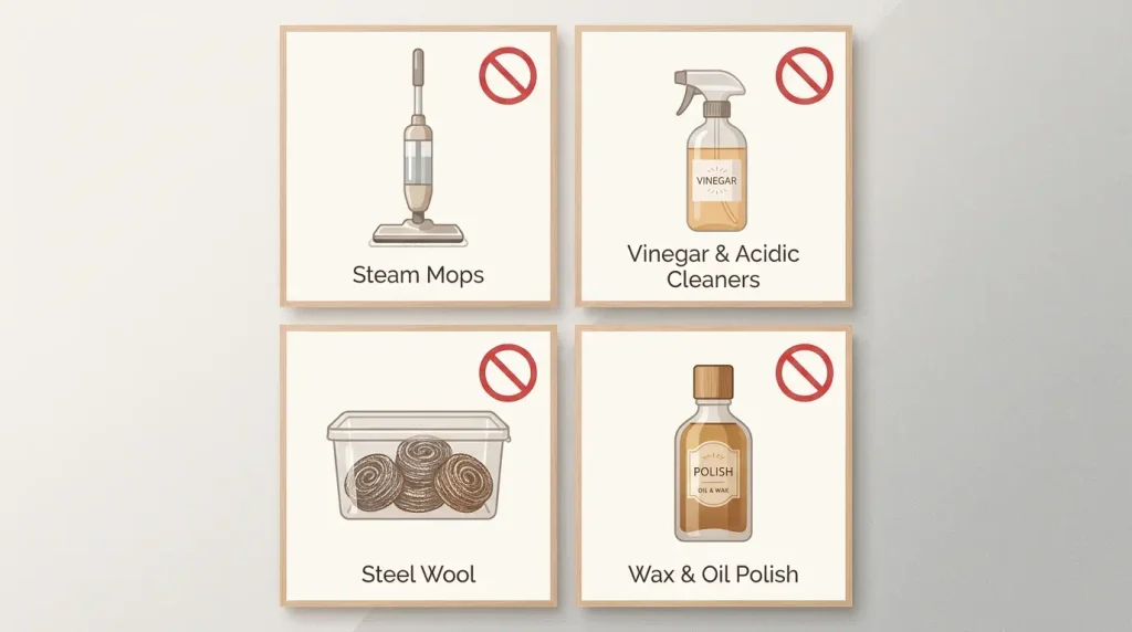 Steam mop, vinegar bottle, and steel wool marked as unsafe for engineered hardwood floors

