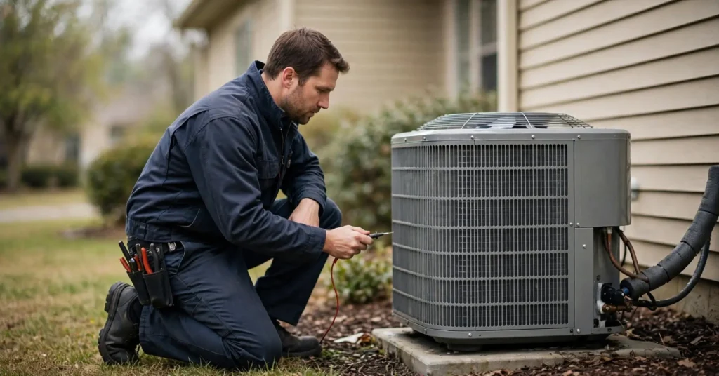 Technician inspecting an outdoor AC unit for signs it needs replacing