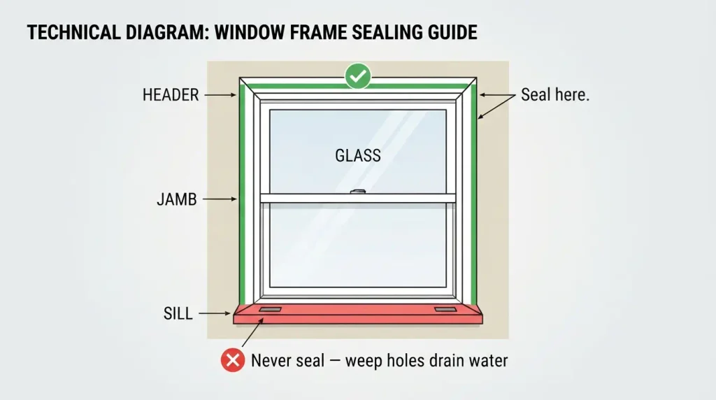 Diagram showing where to caulk a window and where to leave weep holes open
