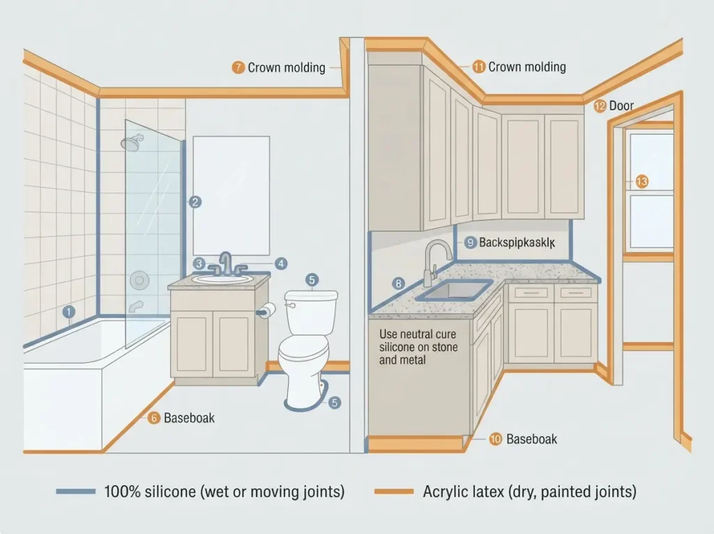 Cutaway illustration of a bathroom and kitchen showing which joints get silicone caulk and which get latex caulk
