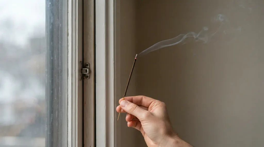 Testing a window frame for drafts with a lit incense stick