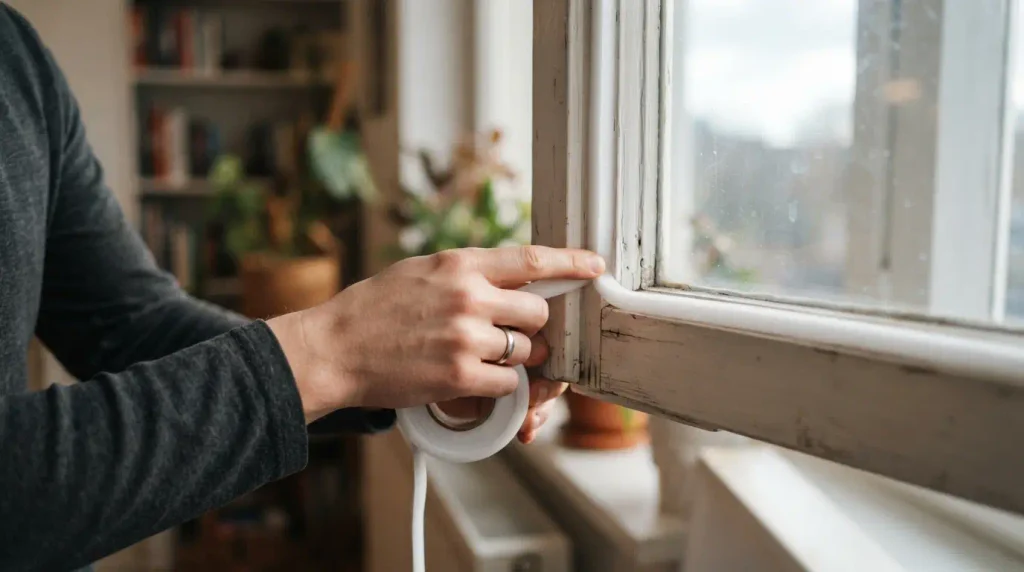Hands applying weatherstripping tape to a window frame