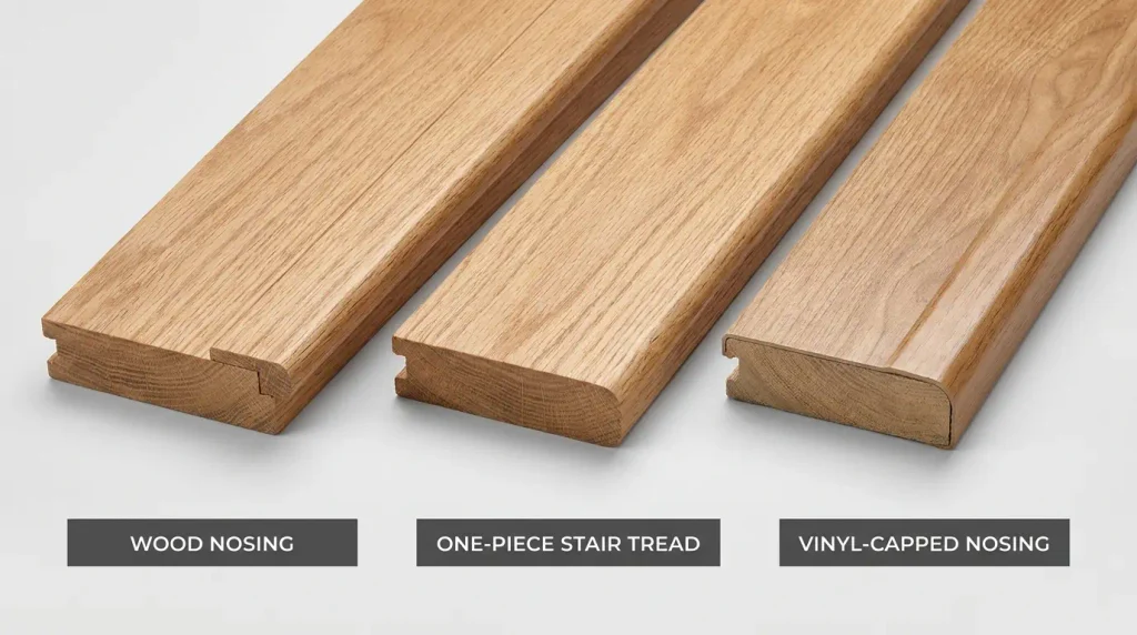 Comparison of wood nosing, one-piece stair tread, and vinyl-capped nosing profiles