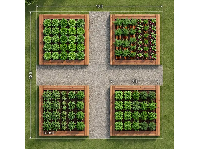 Square 10×10-foot vegetable garden plan with four equal growing beds and crossing walking paths.