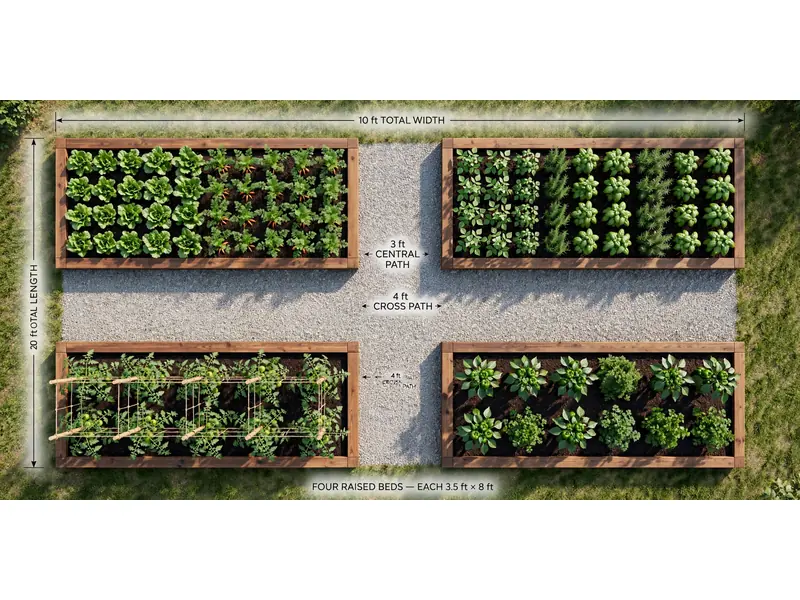 Overhead 10×20-foot backyard vegetable garden with four raised beds and central gravel pathways.