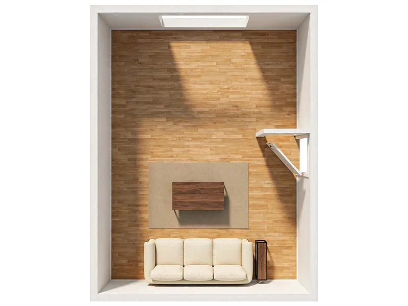 Overhead example of a 12 by 14-foot condo living room with an 84-inch sofa, coffee table, and clear access around the furniture.