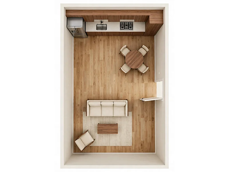 Overhead example of a 14 by 20-foot open condo layout with a dining table near the kitchen and a separate sofa seating area.