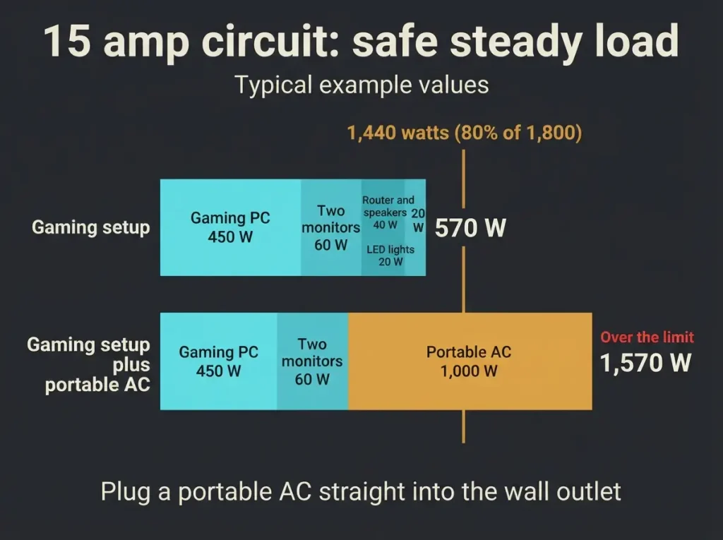Chart showing a gaming setup and a portable AC against the 1,440 watt limit of a 15 amp circuit
