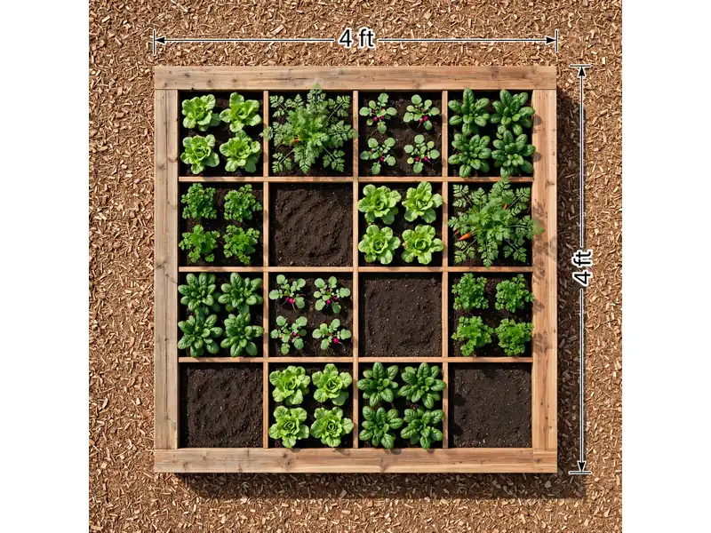 Overhead 4×4-foot square-foot vegetable garden layout divided into sixteen planting sections.