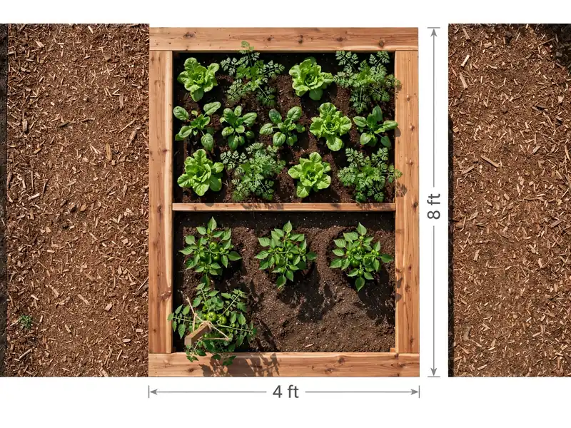 Top-down 4×8-foot raised vegetable bed plan with leafy greens, root crops, peppers, and a tomato support.