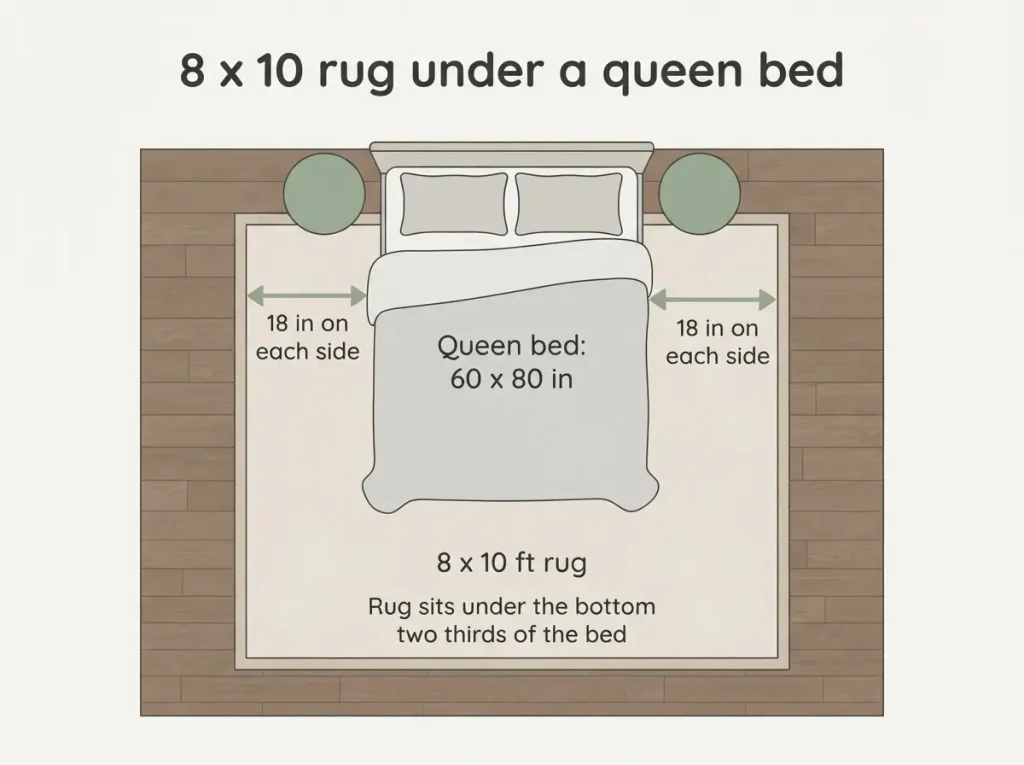 Top down diagram of an 8 x 10 rug under a queen bed showing 18 inches of rug on each side
