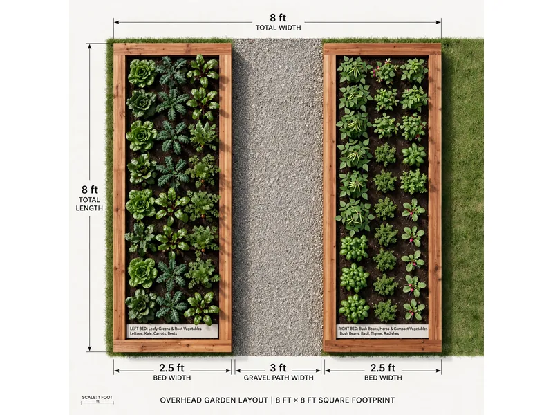 Overhead 8×8-foot vegetable garden with two narrow beds separated by a central gravel path.