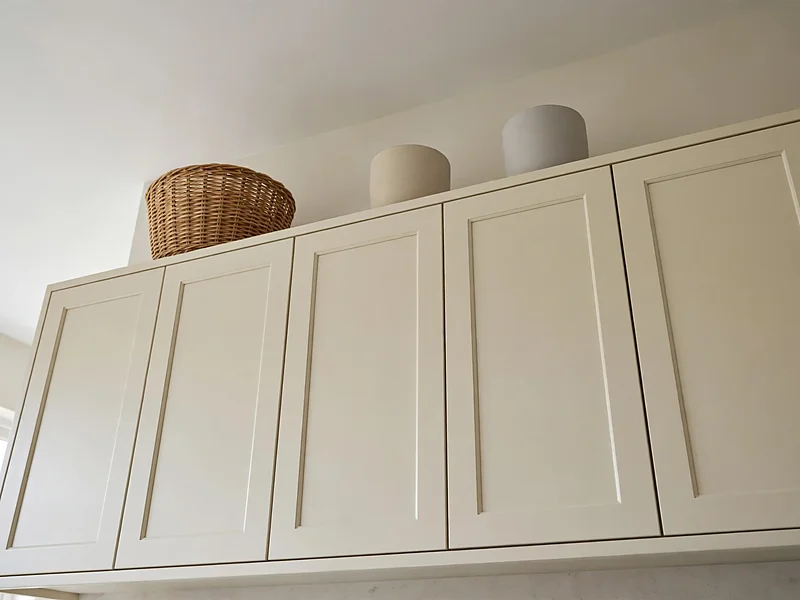 Woven basket and neutral pottery displayed above cream kitchen cabinets with open ceiling space.