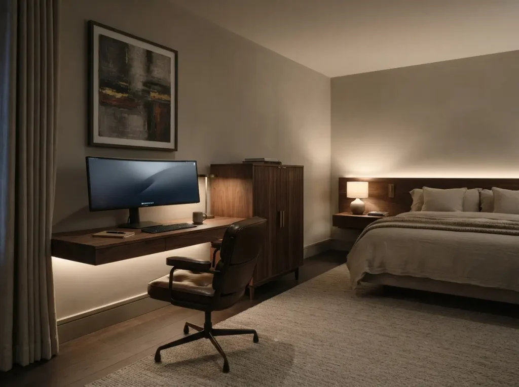 Grown up gaming bedroom with a walnut desk, a wall lamp and a closed console cabinet
