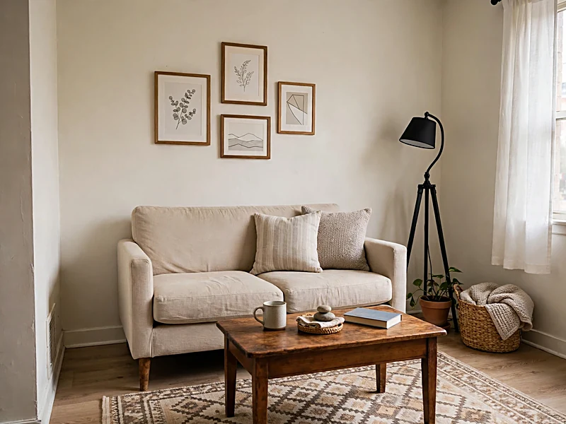 Budget-friendly apartment living room with a compact loveseat, secondhand coffee table, area rug, lamp, and simple wall art.