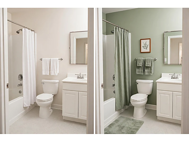 Side-by-side bathroom makeover showing a plain white bathroom and the same room with green towels, curtain, and bath mat.