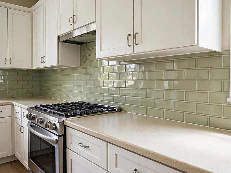 Refreshed kitchen backsplash with pale green ceramic tiles, existing white cabinets, and light countertops.