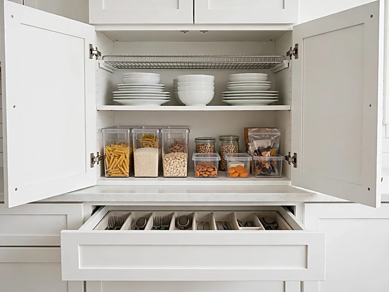 Open kitchen cabinet with adjustable shelf risers, removable storage bins, and organized dishes.
