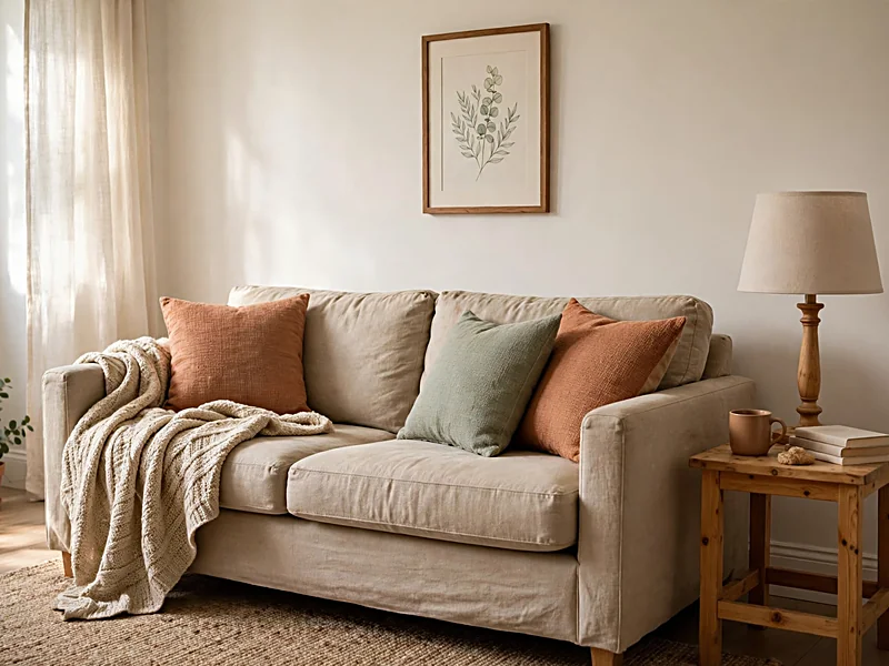 Neutral living room refreshed with colorful pillow covers, a table lamp, throw blanket, and framed artwork.