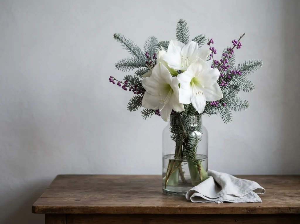 White amaryllis with silvery fir and purple berries in a tall vase on a table