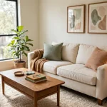 Bright apartment living room with a cream sofa, warm wood furniture, textured rug, plants, and layered lighting.