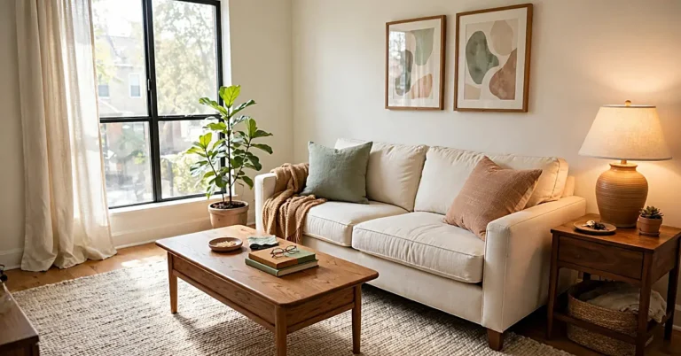Bright apartment living room with a cream sofa, warm wood furniture, textured rug, plants, and layered lighting.