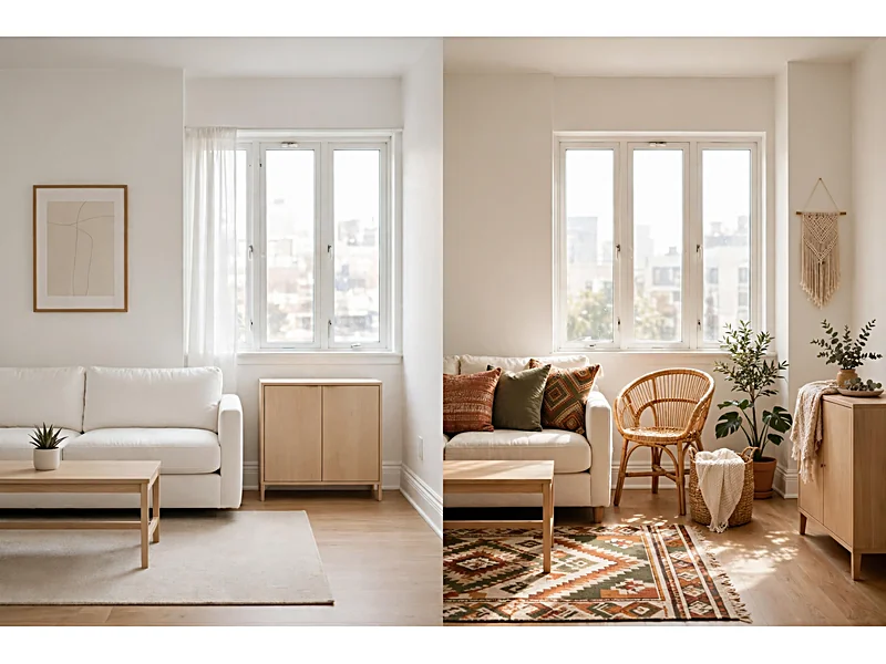 Side-by-side comparison of minimalist and boho apartment living rooms with different furniture, colors, and decorations.
