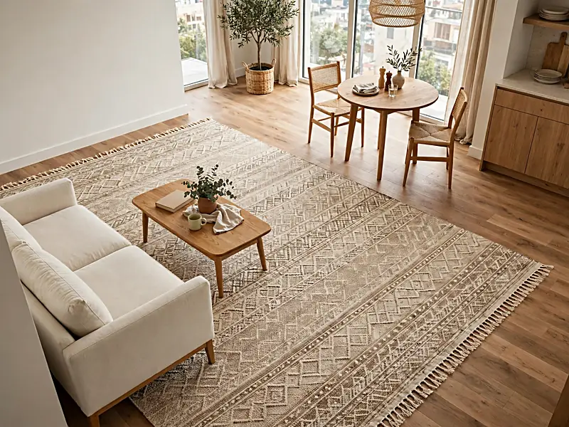 Open-plan apartment with a rug beneath the living room sofa and a separate dining area on the wood floor.