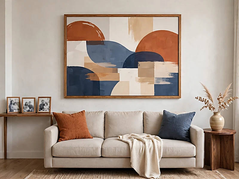 Apartment living room with colorful artwork, matching rust and blue cushions, and coordinated decorative accents.