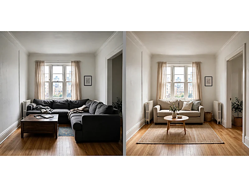 Side-by-side comparison of a cramped apartment living room and the same room with properly arranged furniture and clear walkways.