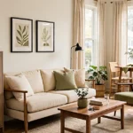 Modern apartment living room with a cream sofa, wooden coffee table, neutral rug, dining area, and natural lighting.