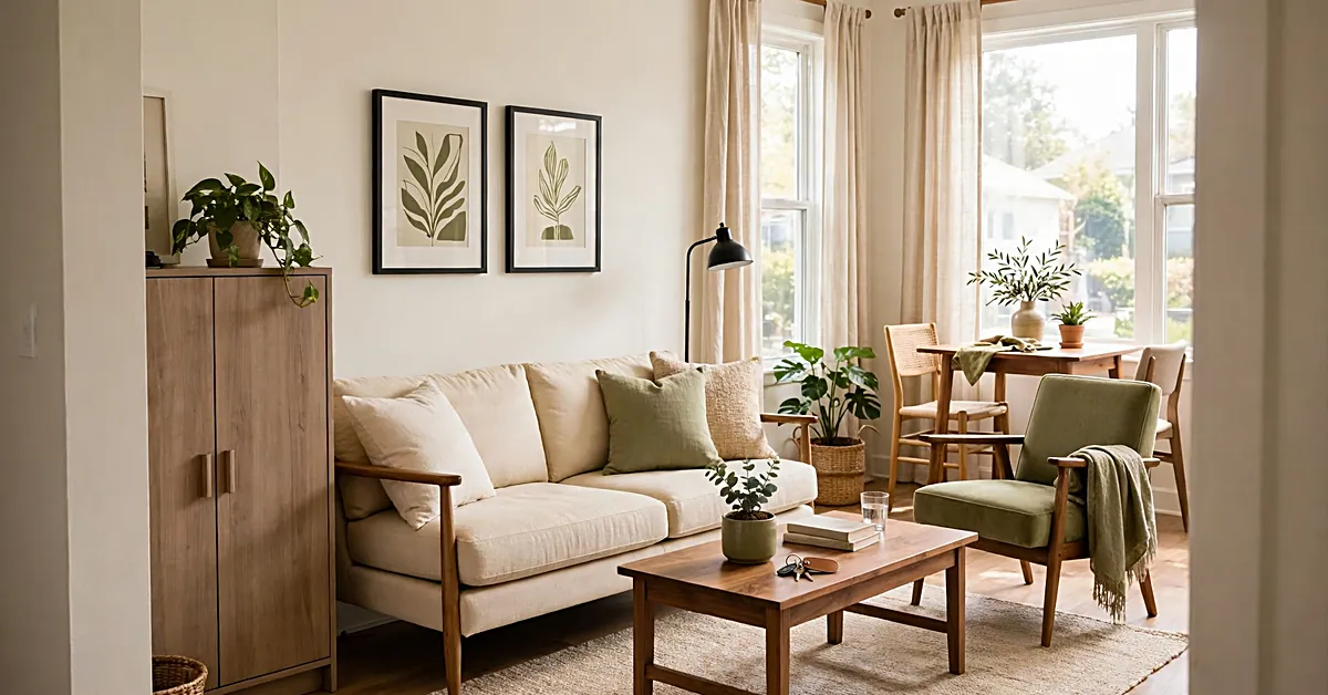 Modern apartment living room with a cream sofa, wooden coffee table, neutral rug, dining area, and natural lighting.