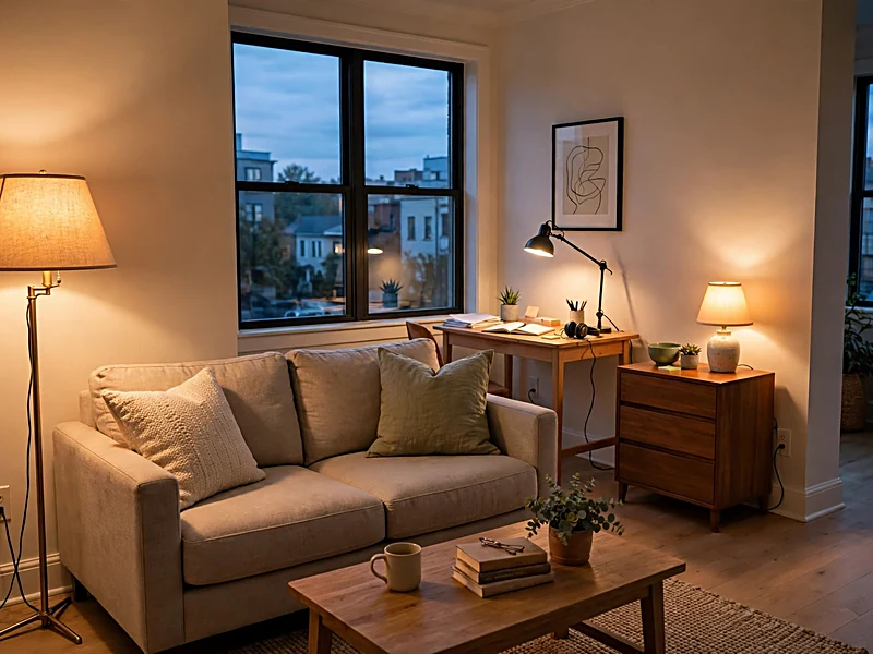 Apartment living area with a floor lamp beside the sofa, desk task lighting, and warm evening illumination.