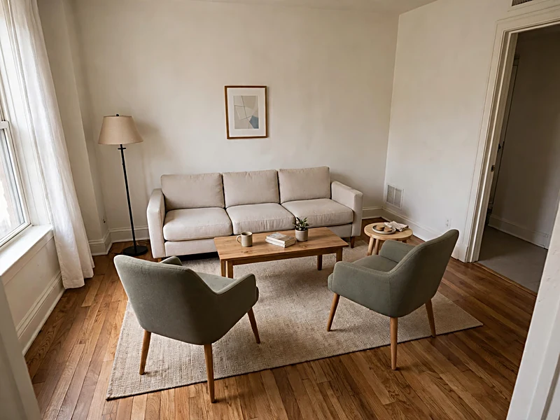 Apartment living room with a sofa and two chairs arranged around a coffee table for conversation.