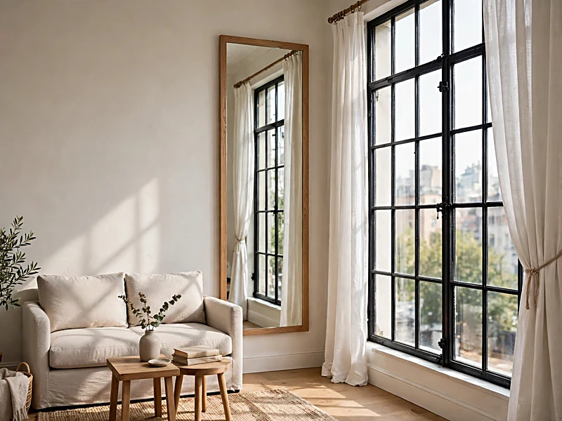 Narrow apartment living room with a wall mirror beside a window reflecting daylight across the seating area.