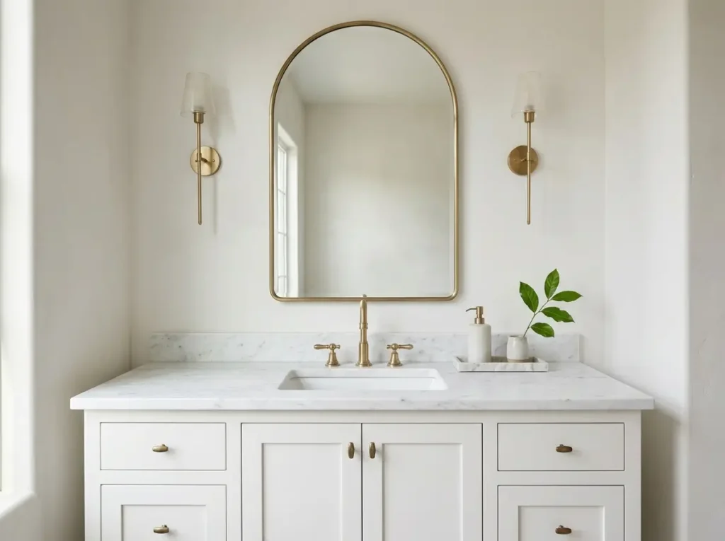 Arched brass mirror, a simple bathroom decor idea, hung narrower than the vanity
