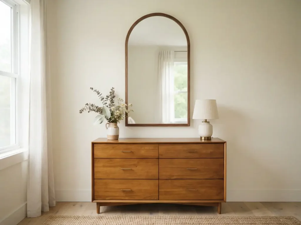 Arched mirror with a thin walnut frame above a dresser, reflecting a bright window
