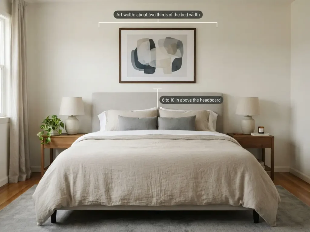 Art above a queen bed sized to two thirds of the bed width and hung 6 to 10 inches above the headboard
