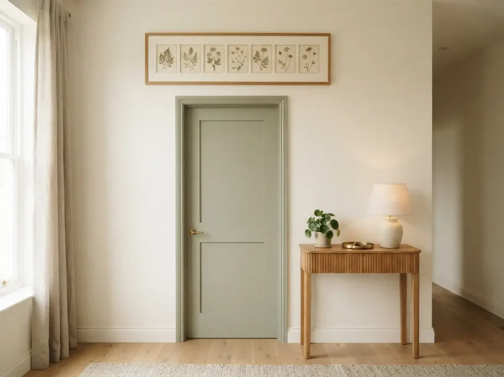 Long narrow framed botanical print hung centered on the wall above a bedroom door
