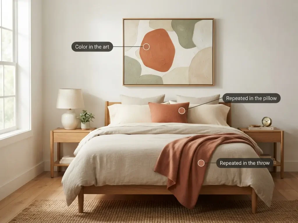 Abstract art with a terracotta tone repeated in an accent pillow and throw on a neutral bed
