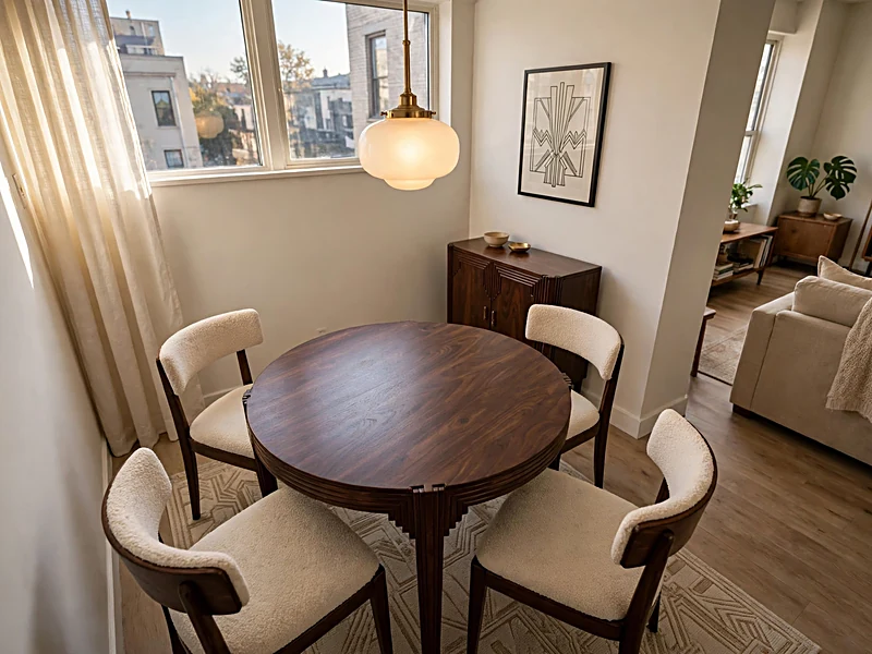 Art Deco apartment dining area with round walnut table and globe pendant light