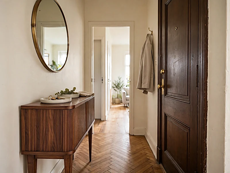 Art Deco apartment entryway with walnut console, round brass mirror, and ceramic tray