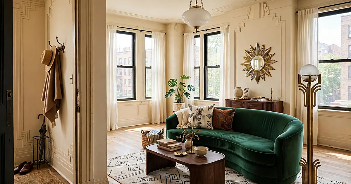 Art Deco apartment living room with a curved emerald velvet sofa, geometric rug, walnut furniture, and brass lighting.
