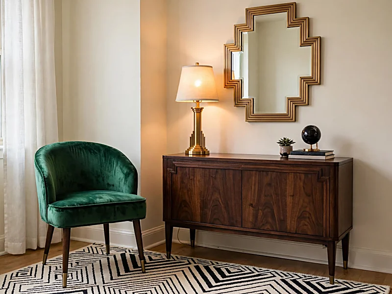 Art Deco apartment interior with an emerald green chair, geometric mirror, brass-colored lamp, and dark console table.