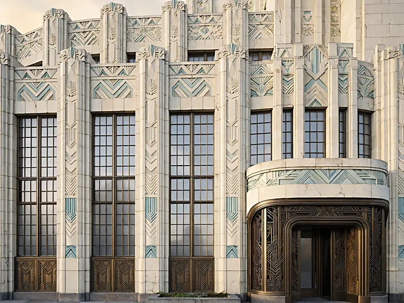 Art Deco building exterior with stepped facade, geometric details, and bronze entrance