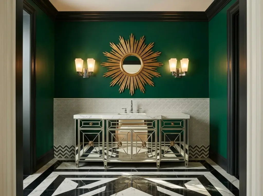 Art Deco bathroom with black and white marble floor, mirrored vanity, gold sunburst mirror, and emerald wall