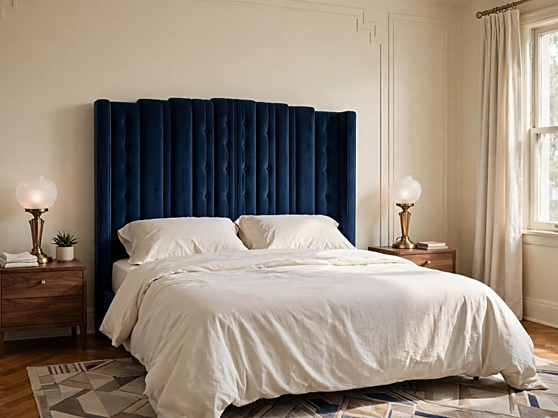 Art Deco bedroom with navy upholstered headboard and symmetrical bedside lamps