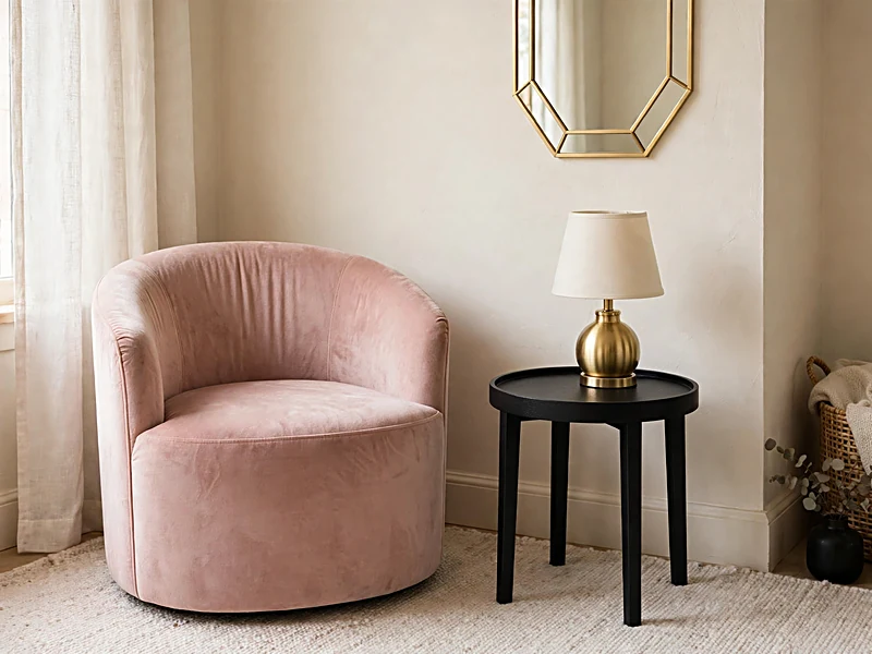 Blush pink, black, and gold color palette in an Art Deco apartment corner