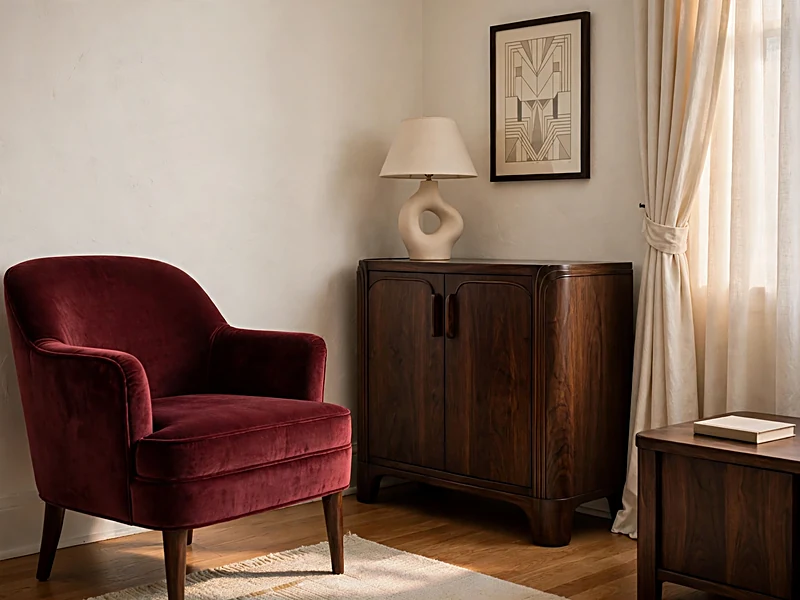 Burgundy, walnut, and warm white color palette in an Art Deco apartment